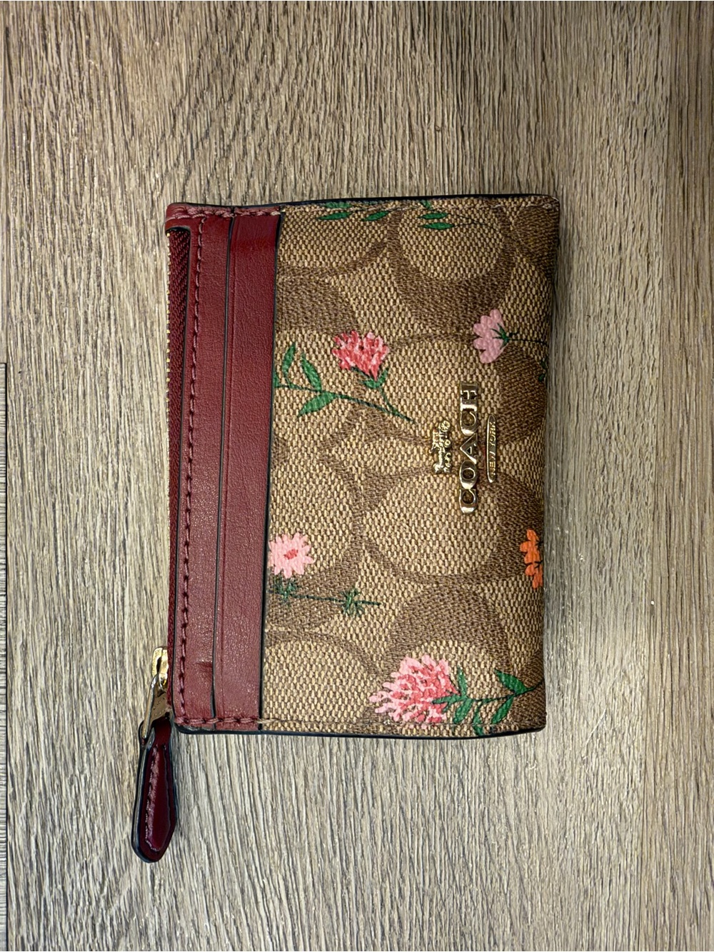 Coach Signature Floral Card Case Wallet in Brown and Red